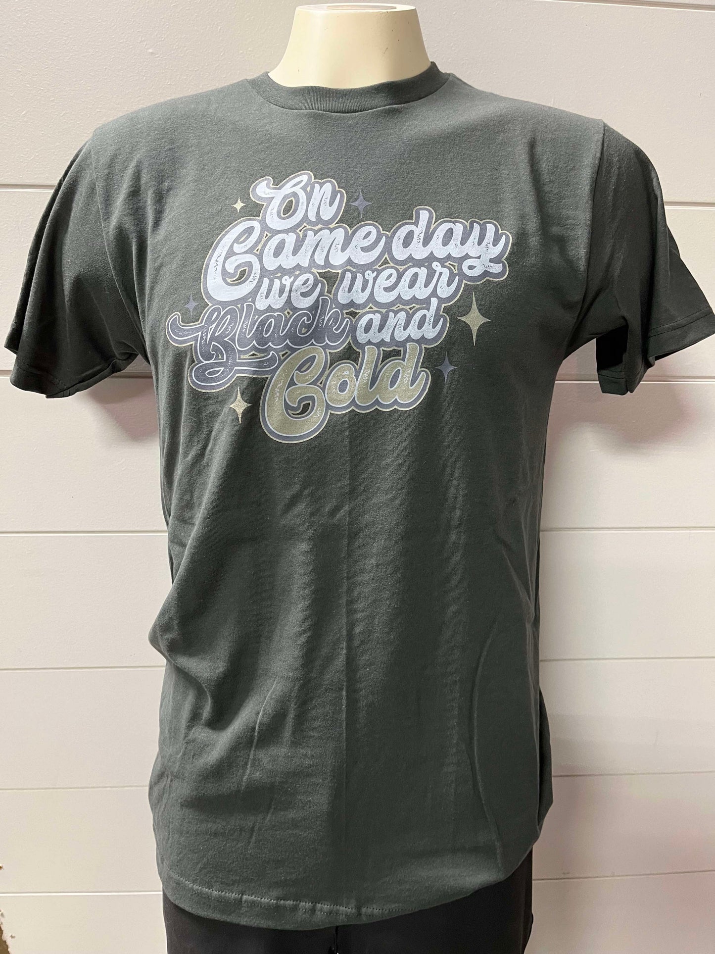 On Game Day We Wear Black & Gold Garment Dyed Graphic T-shirt**