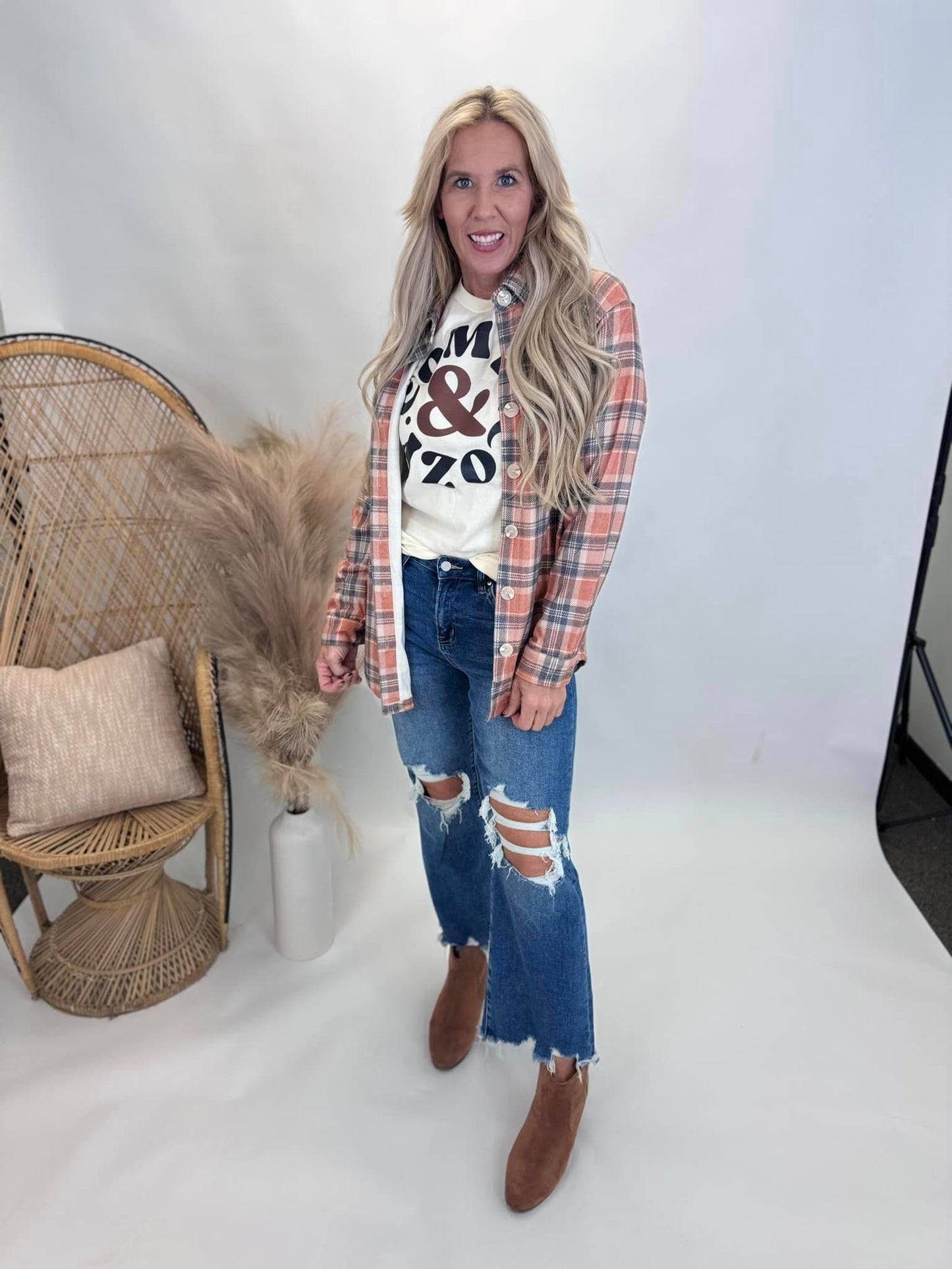 Forever Favorite Plaid Shacket in Orange Navy Cream #8 | Salty Wave*