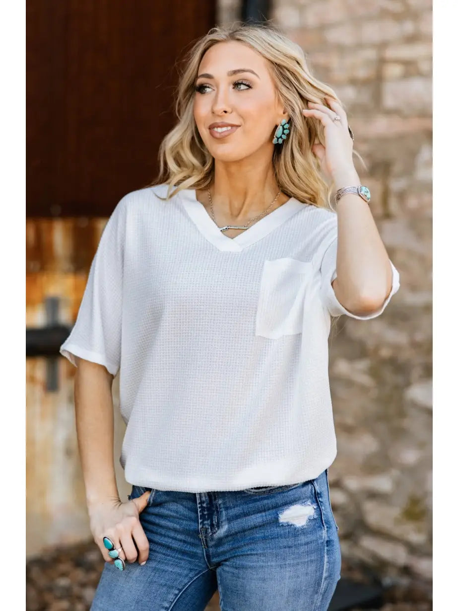 Two Tone Waffle V-Neck Dolman Sleeve Top - DEAL