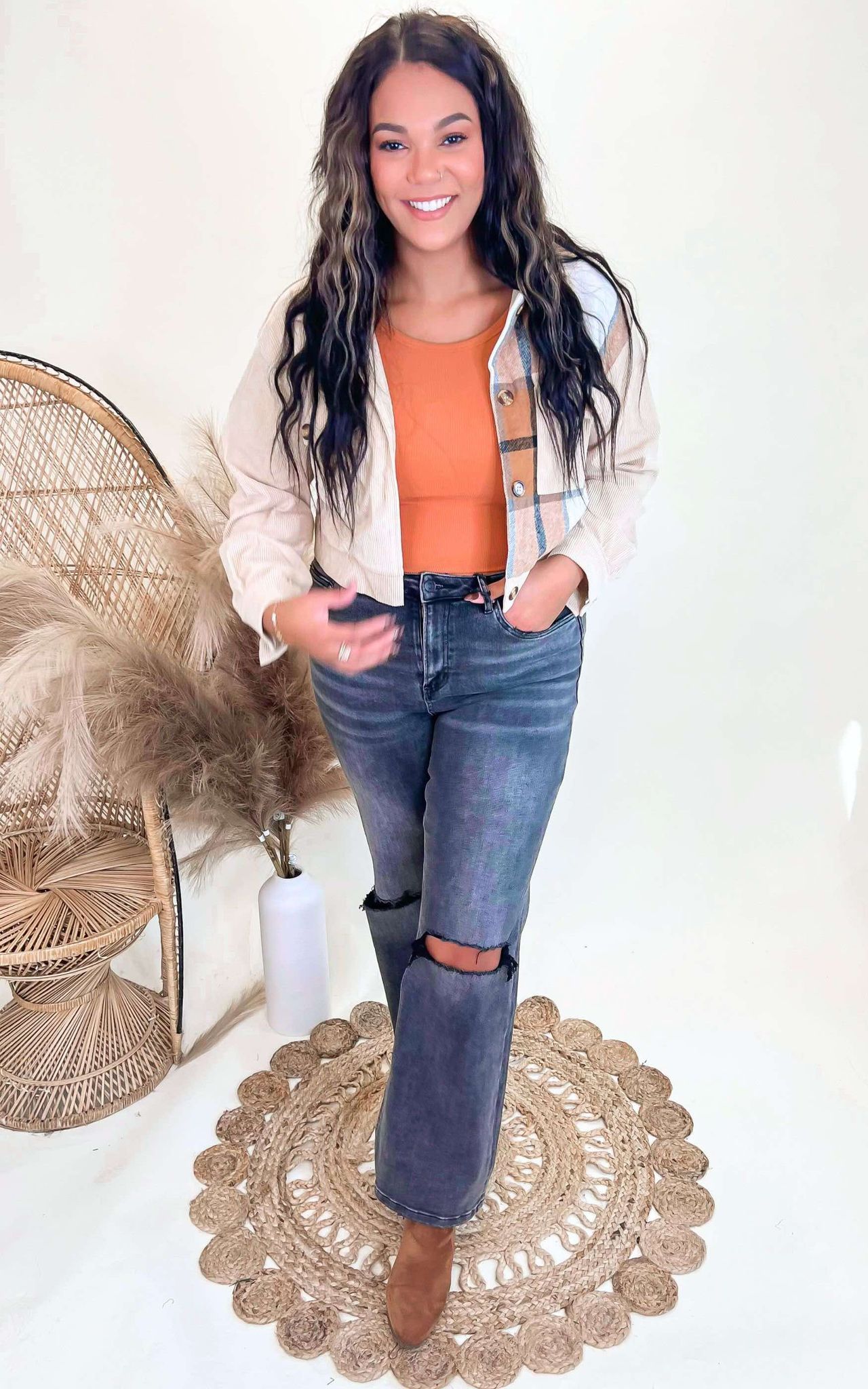 Corduroy Splicing Plaid Button Crop Jacket - Final Sale