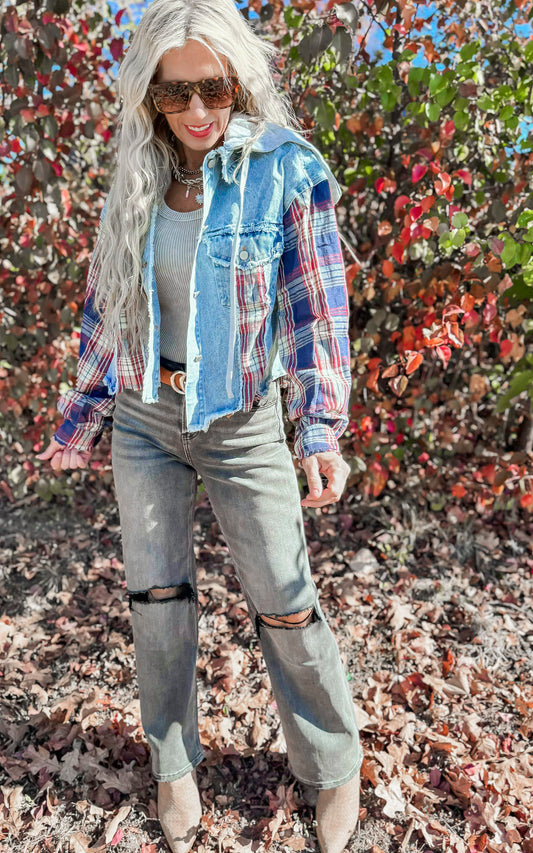 Washed Plaid Sleeve Hood Denim Jacket