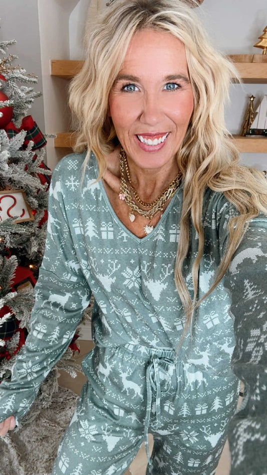 Green Reindeer Long Sleeve Pajama Pant Set by Salty Wave (TOP & BOTTOM) *DEAL*