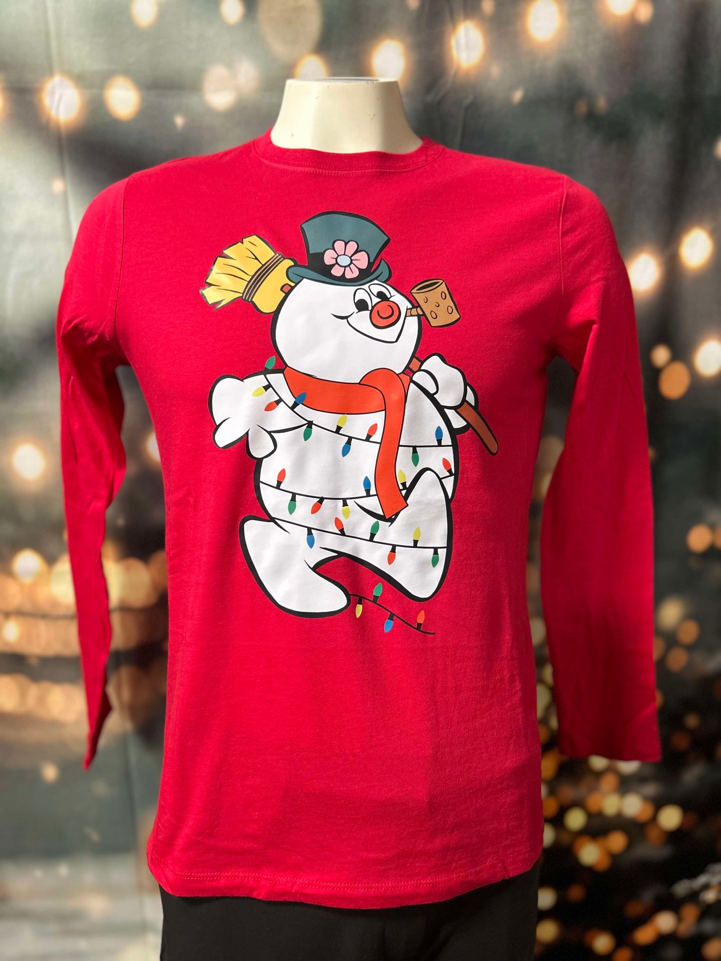Lit Up Snowman Holiday Red Long Sleeve Graphic Top