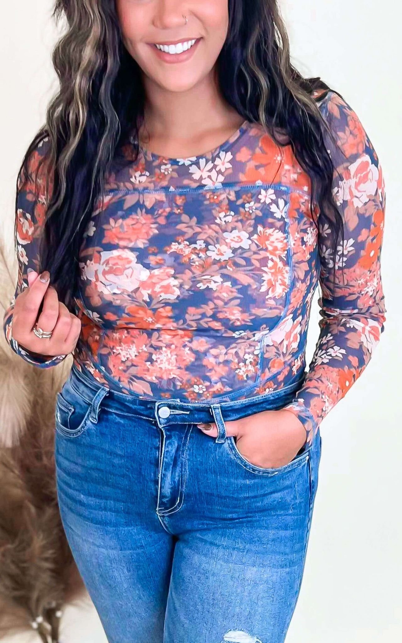 Floral Print Mesh Fitted Long Sleeve Top** -Final Sale
