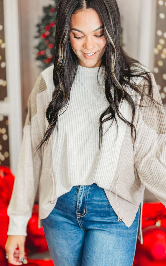 Corded Colorblock Knit Long Sleeve Top - Final Sale