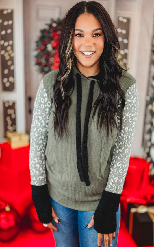Olive Leopard Color Block Hooded Tunic Top