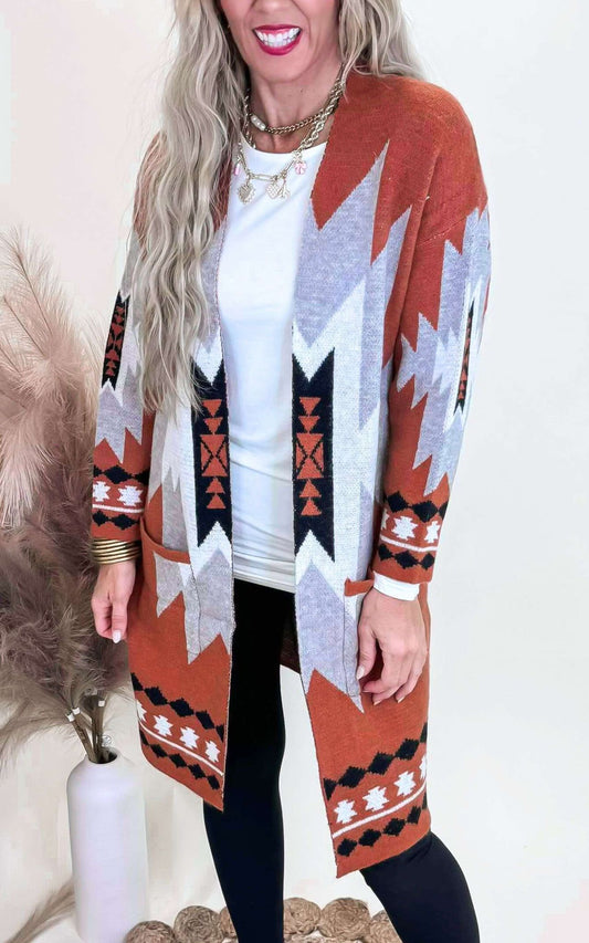 Rust Tribal Geometric Print Long Cardigan - Final Sale