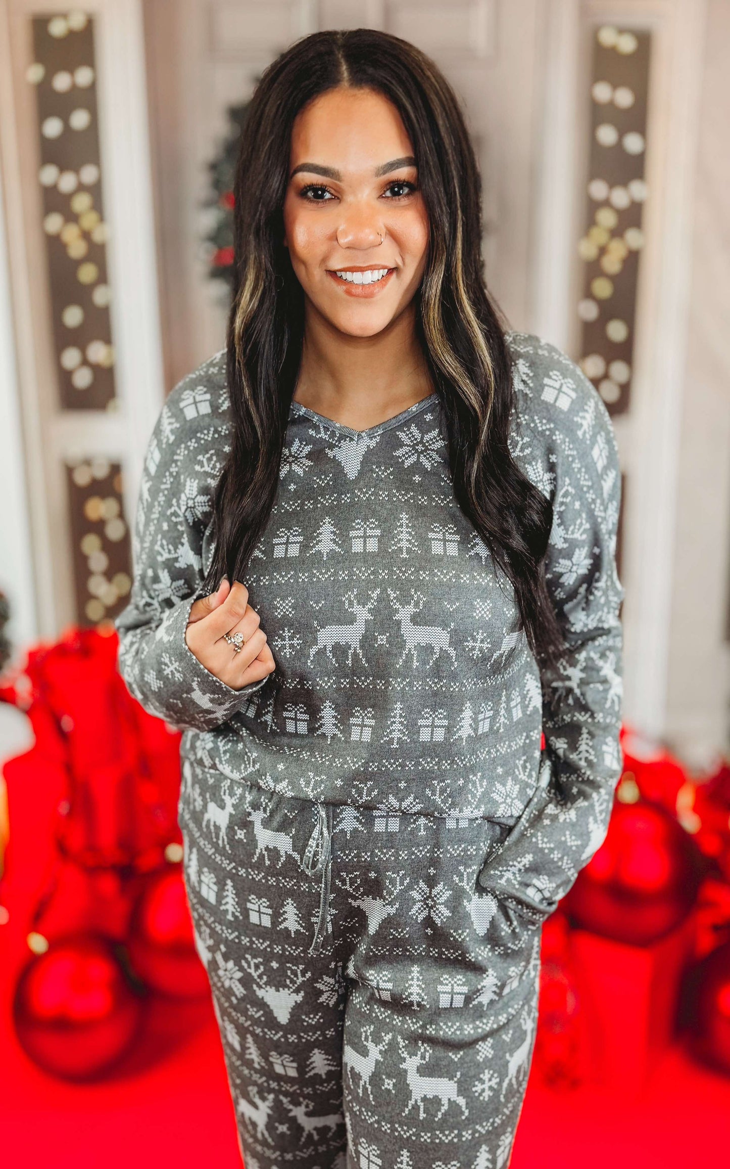 Black Reindeer Long Sleeve Pajama Pant Set by Salty Wave (TOP & BOTTOM)