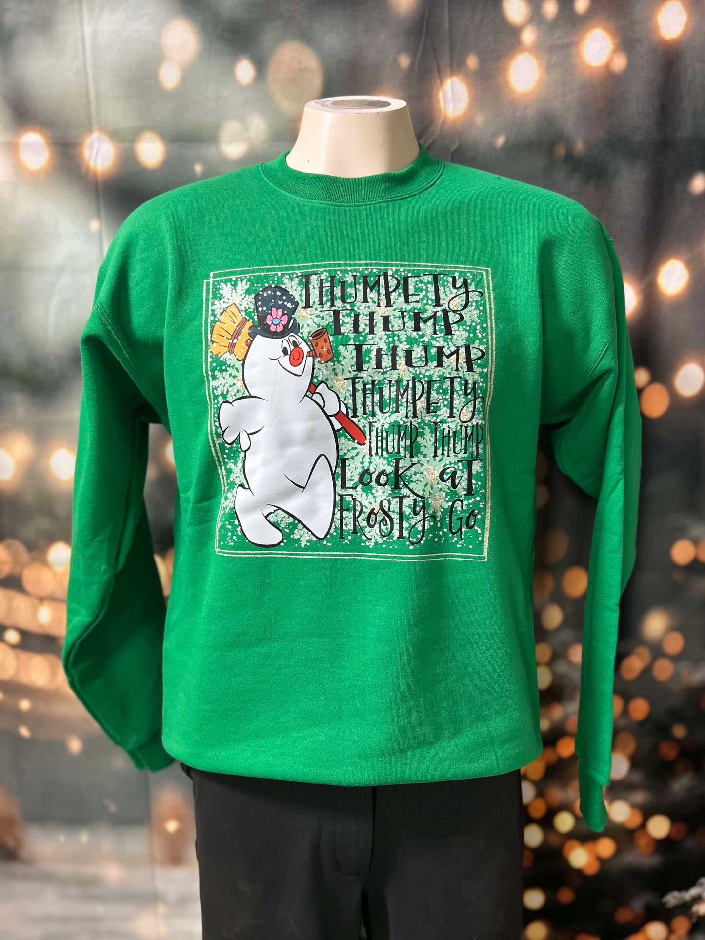 Thumpty Thump Thump Snowman Holiday Green Graphic Crewneck Sweatshirt**