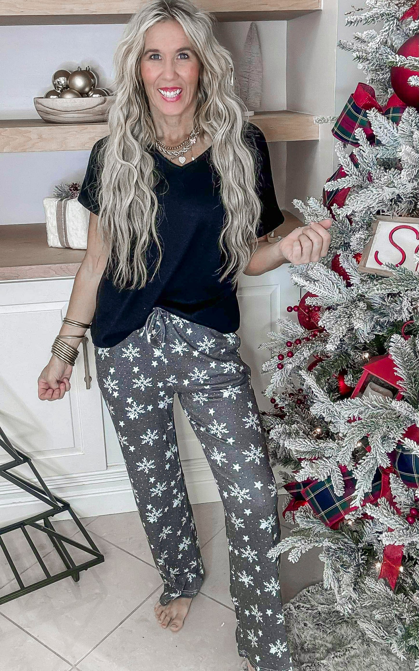 Black Snowflake Pajama Pant Set by Salty Wave (TOP & BOTTOM) *