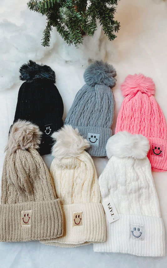 Smiley Face Beanie w/ Pom Pom
