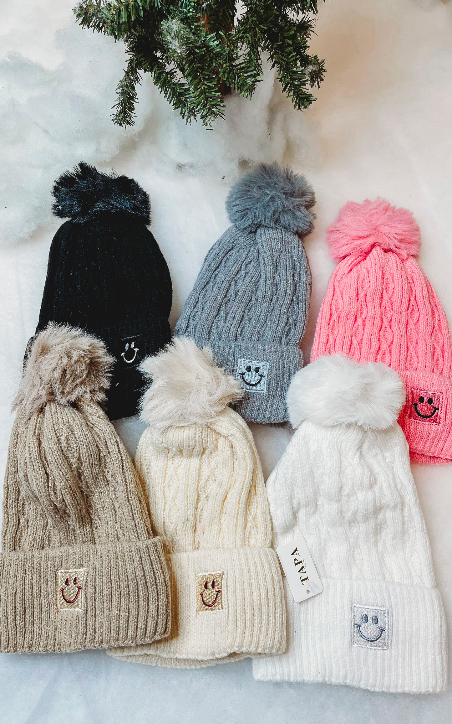 Smiley Face Beanie w/ Pom Pom