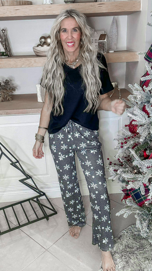 Black Snowflake Pajama Pant Set by Salty Wave (TOP & BOTTOM) *