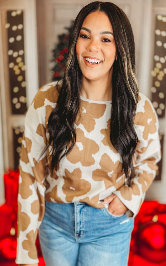 Mocha Floral Jacquard Relaxed Cropped Sweater - Final Sale