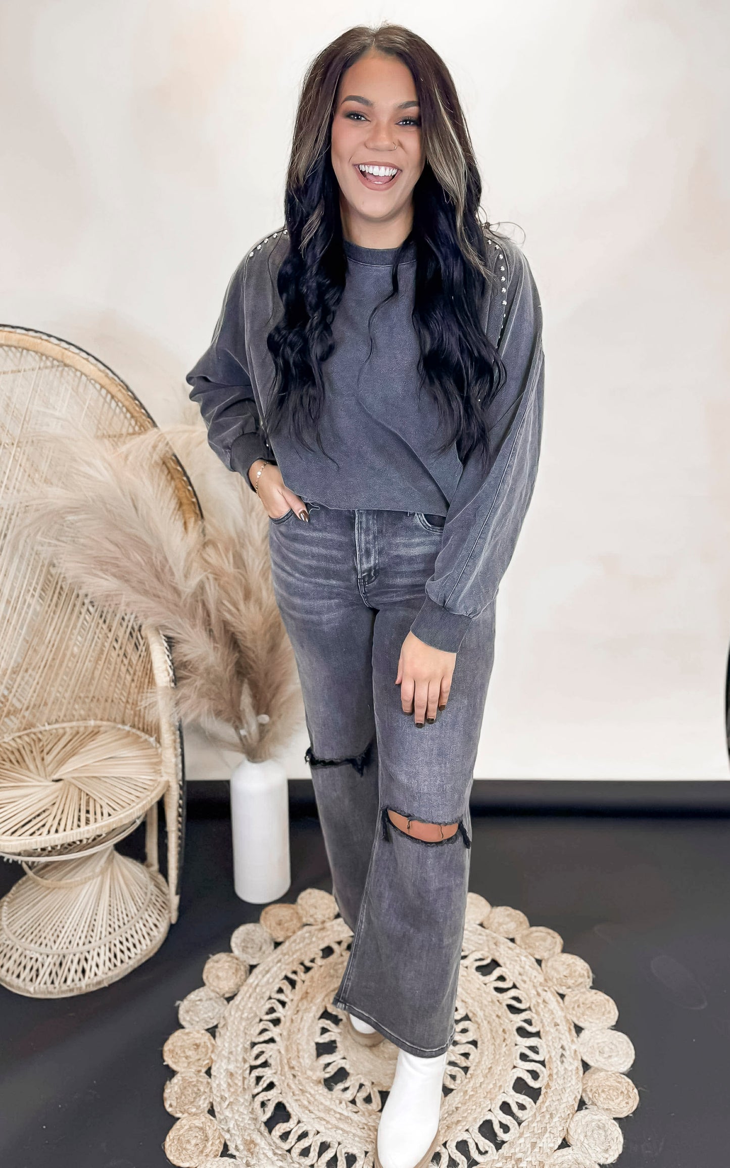 Faded Black Studded Sweatshirt - Final Sale