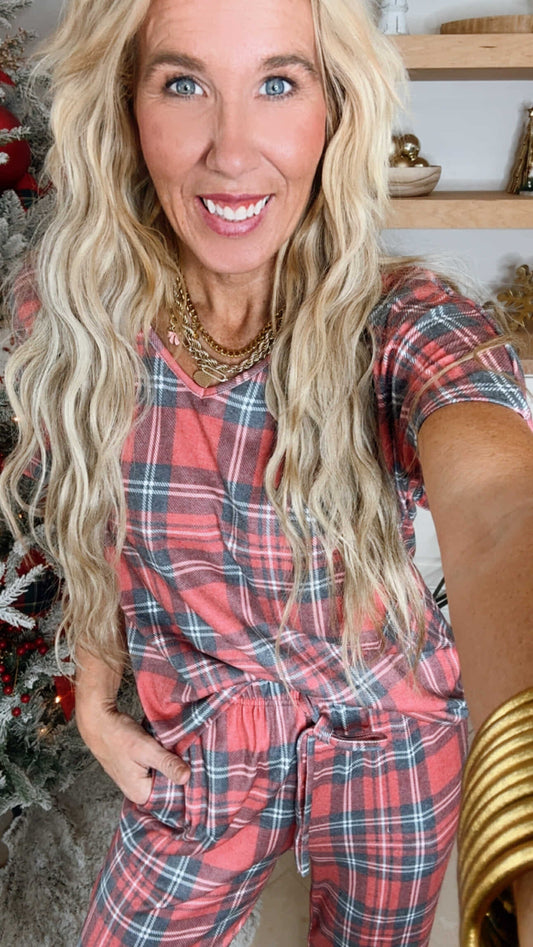 Red Tartan Pajama Pant Set by Salty Wave (TOP & BOTTOM) - DEAL