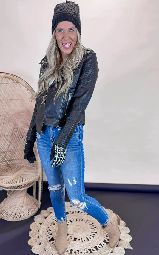 Black Textured Faux Leather Moto Jacket** - Final Sale