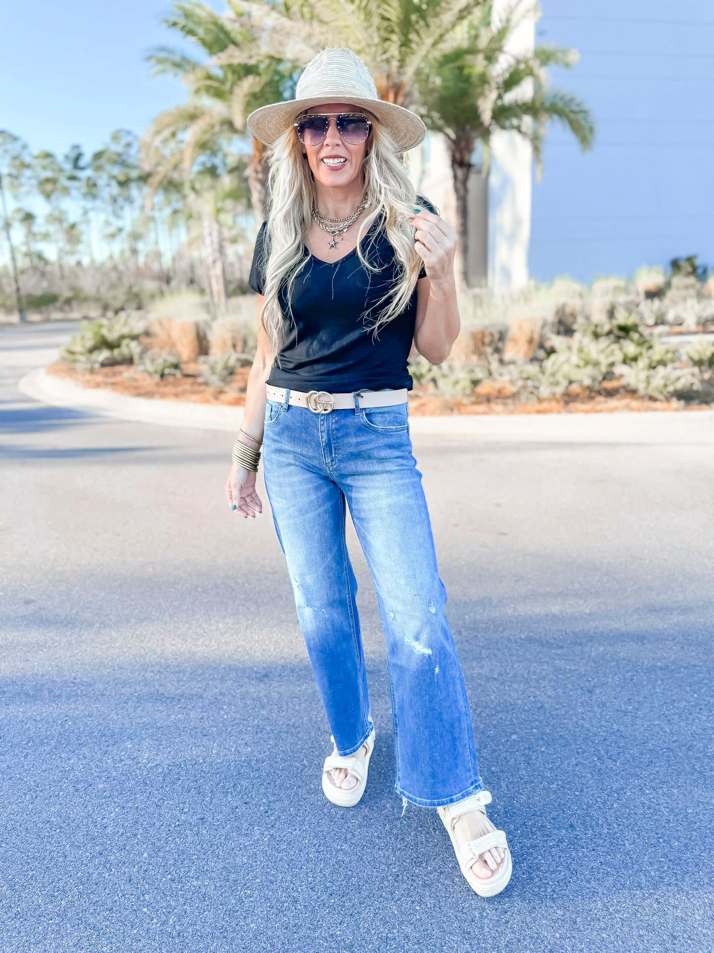 Cambridge Blue High Rise Distressed Straight Denim Jeans | MICA - Final Sale