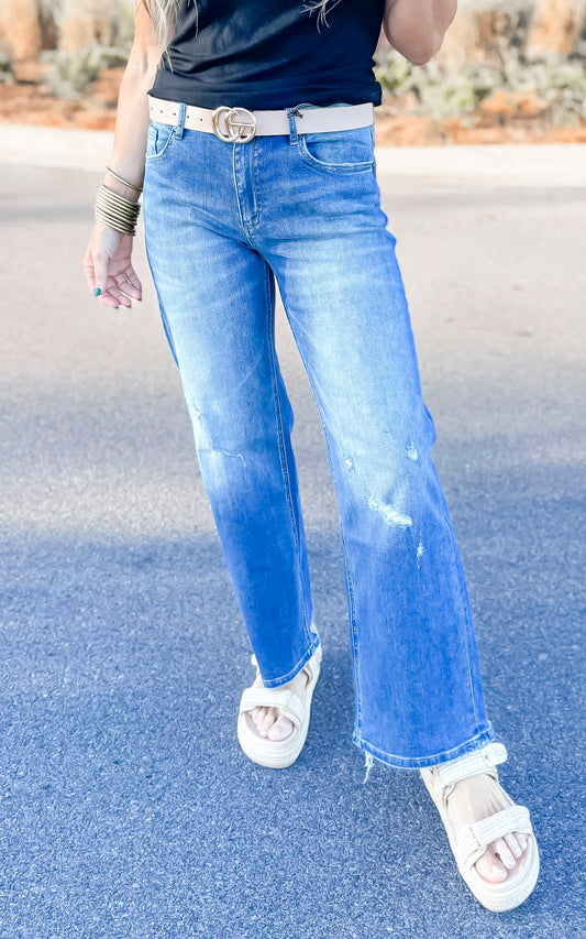 Cambridge Blue High Rise Distressed Straight Denim Jeans | MICA - Final Sale