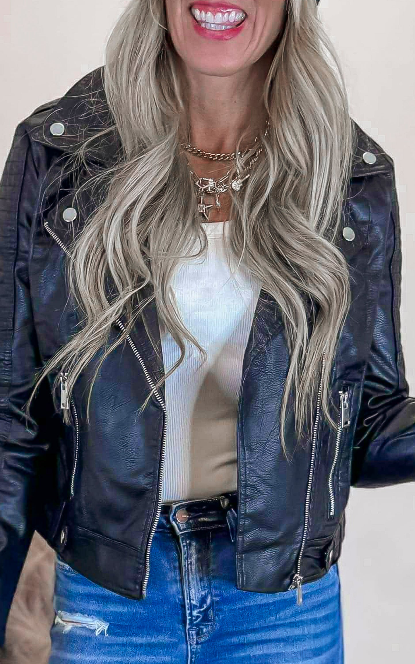 Black Textured Faux Leather Moto Jacket** - Final Sale