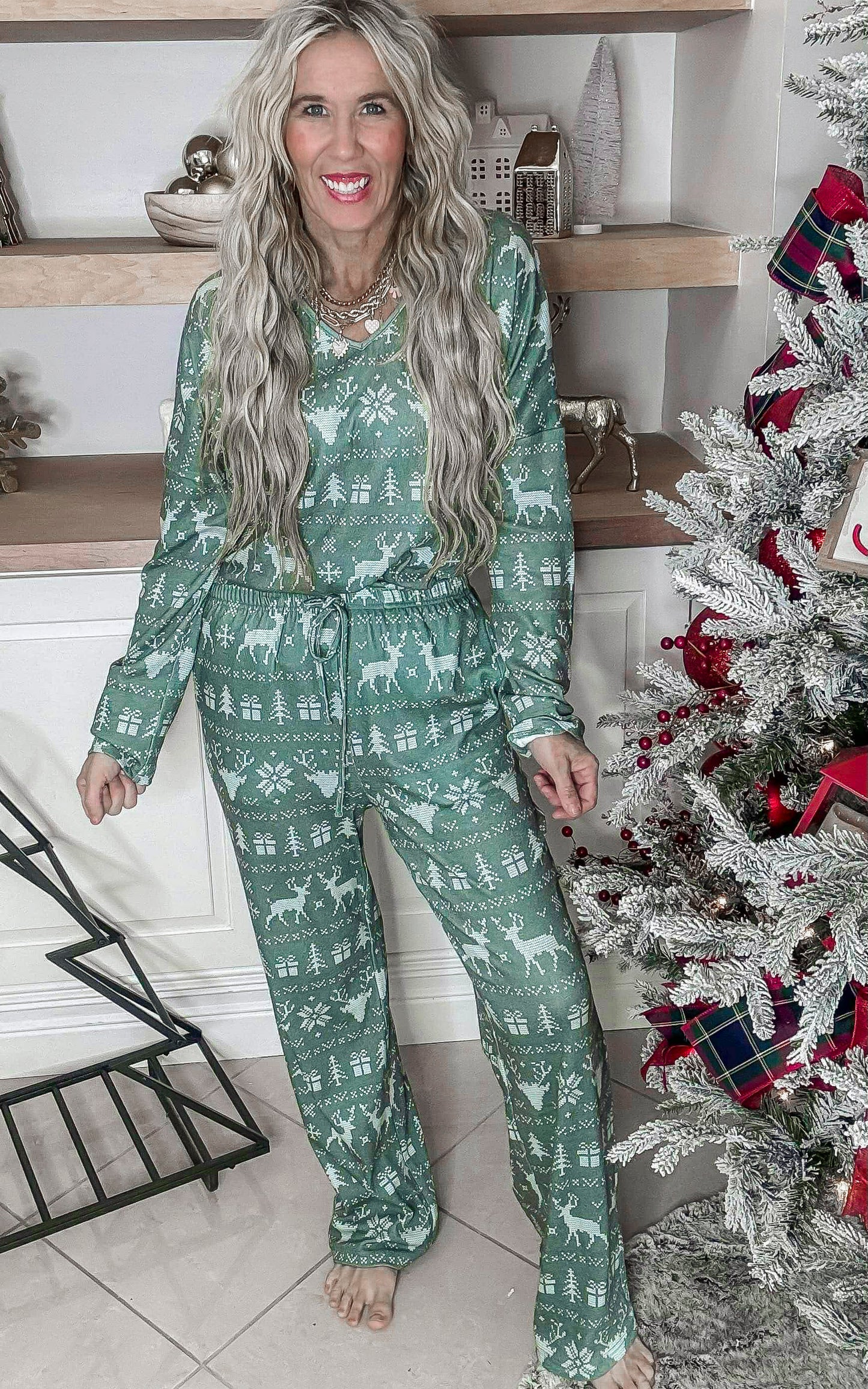 Green Reindeer Long Sleeve Pajama Pant Set by Salty Wave (TOP & BOTTOM)
