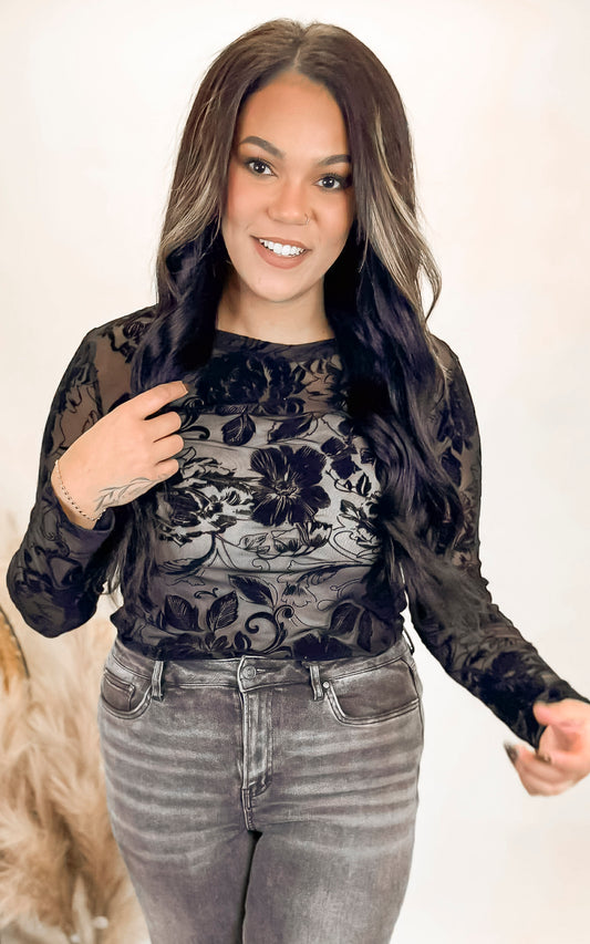 Black Long Sleeve Floral Mesh Knit Top