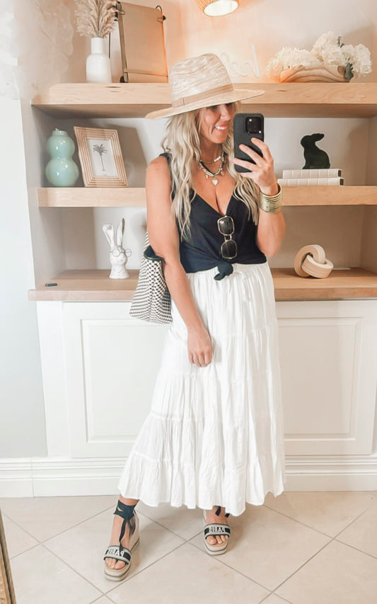 White Tiered Maxi Skirt w/ Drawstring - Final Sale