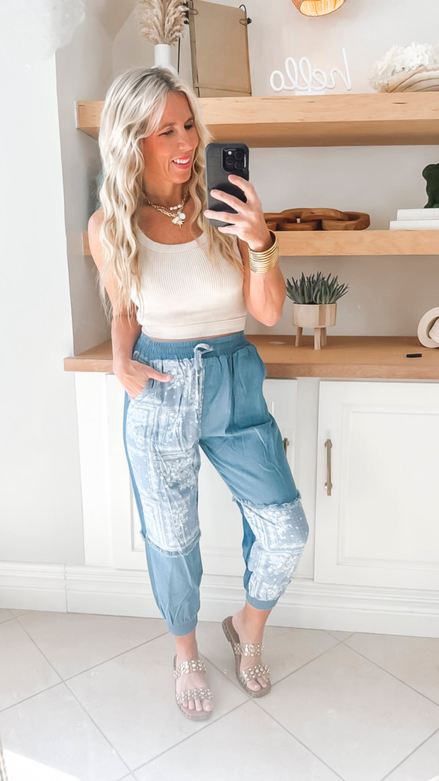 Denim Paisley Print Patchwork Jogger Pants