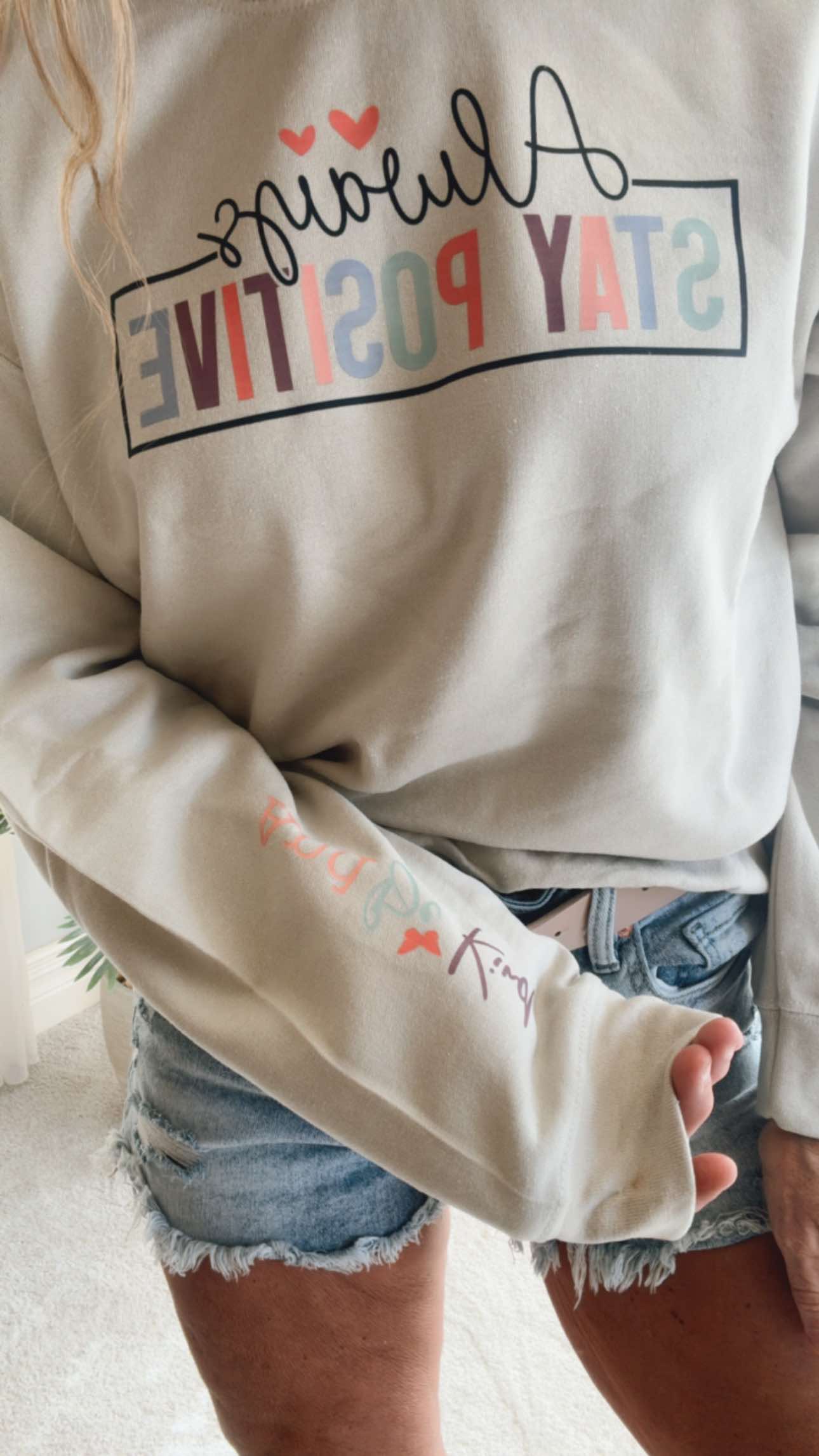 Always Stay Positive with Sleeve Unisex Fleece Crewneck (Beige - Final Sale
