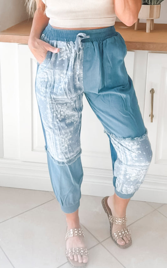 Denim Paisley Print Patchwork Jogger Pants