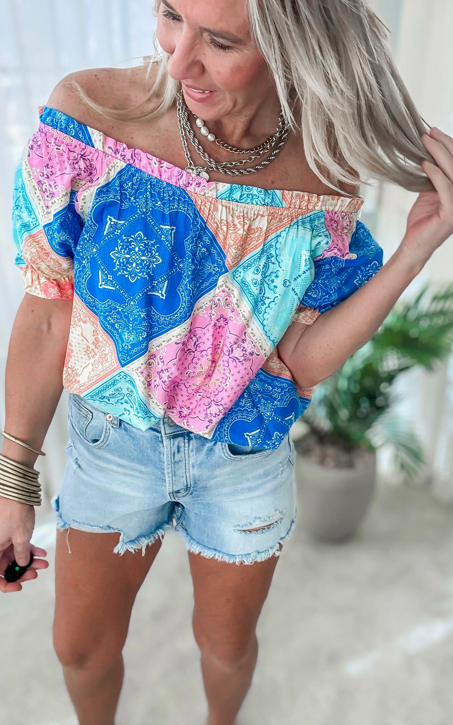 Royal Aqua Tribal Off the Shoulder Top