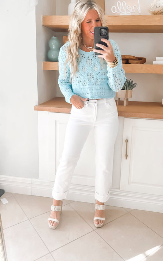 Round Neck Long Sleeve Crochet Top | POL
