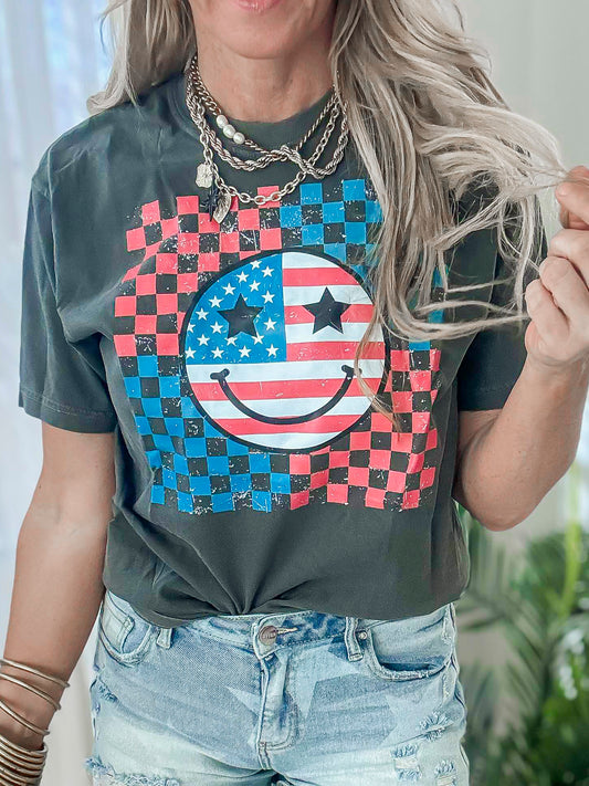 Red, White and Smiles Garment Dyed Graphic T-shirt - Final Sale