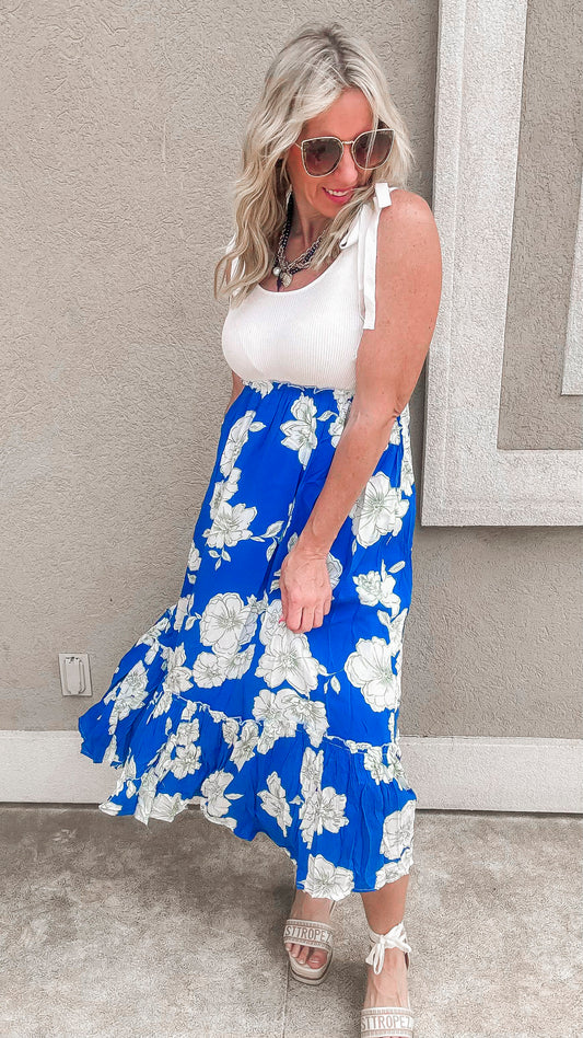 Royal Blue Floral Midi Dress - Final Sale