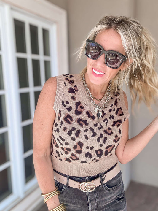 Sleeveless V Neck Leopard Printed Crop Sweater Top* - Final Sale