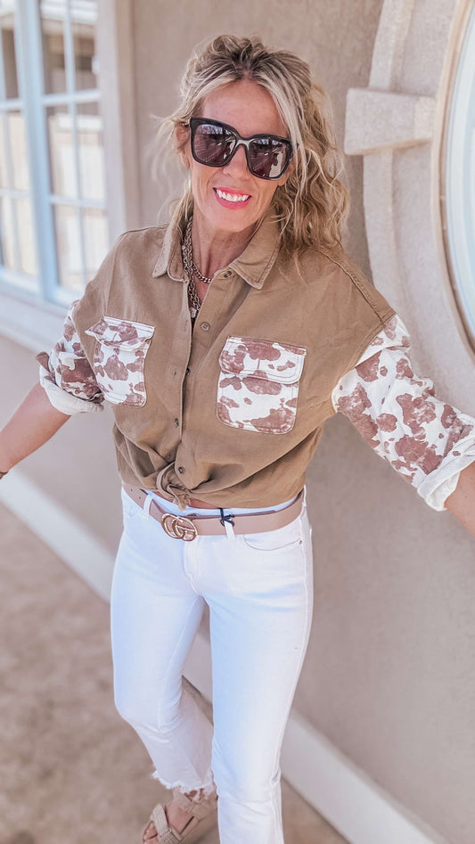 Cow Printed Denim Button-Down Shirts Jacket