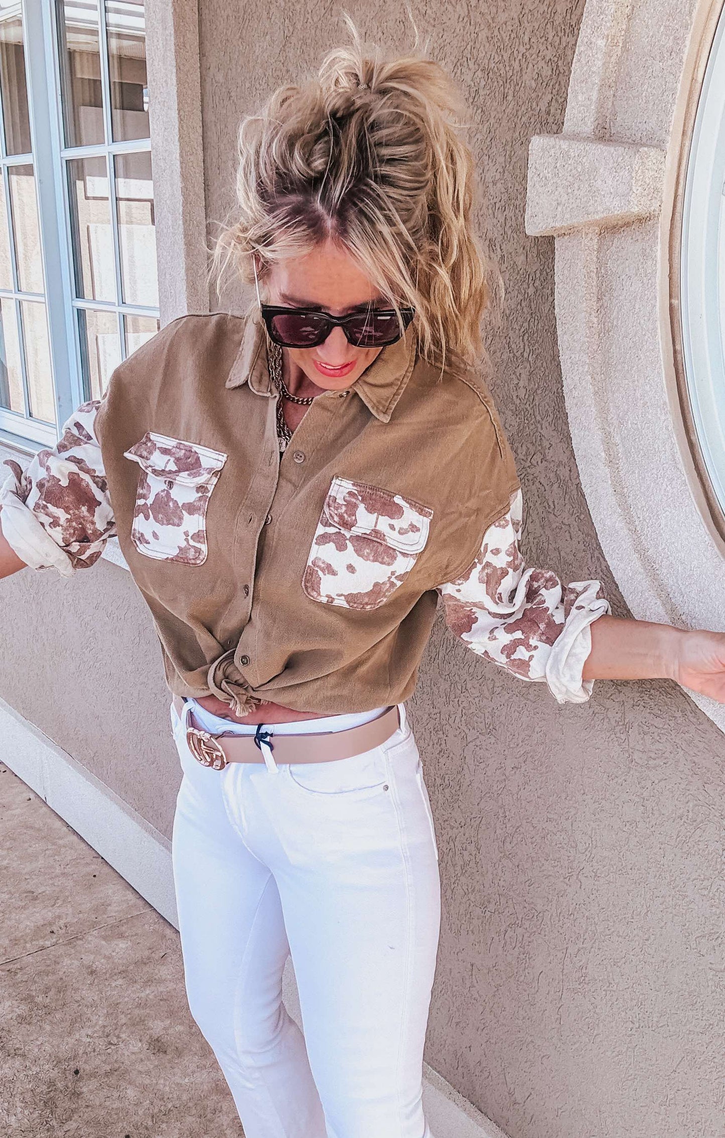 Cow Printed Denim Button-Down Shirts Jacket