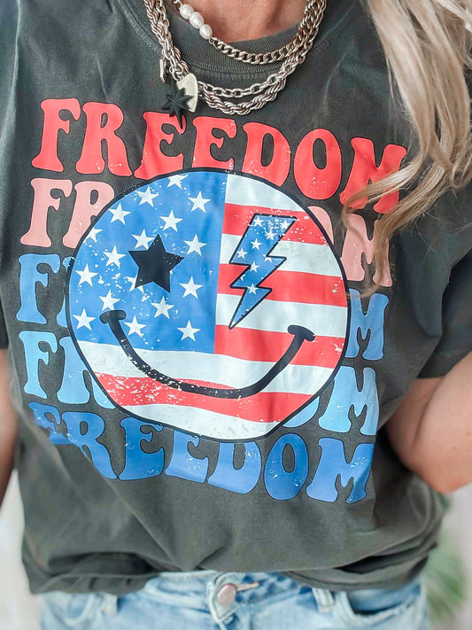 Freedom and Smiley Faces Garment Dyed Graphic T-shirt - Final Sale