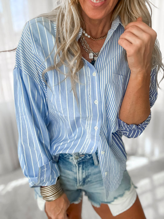Coastal Cool Button Down Stripe Long Sleeve Top