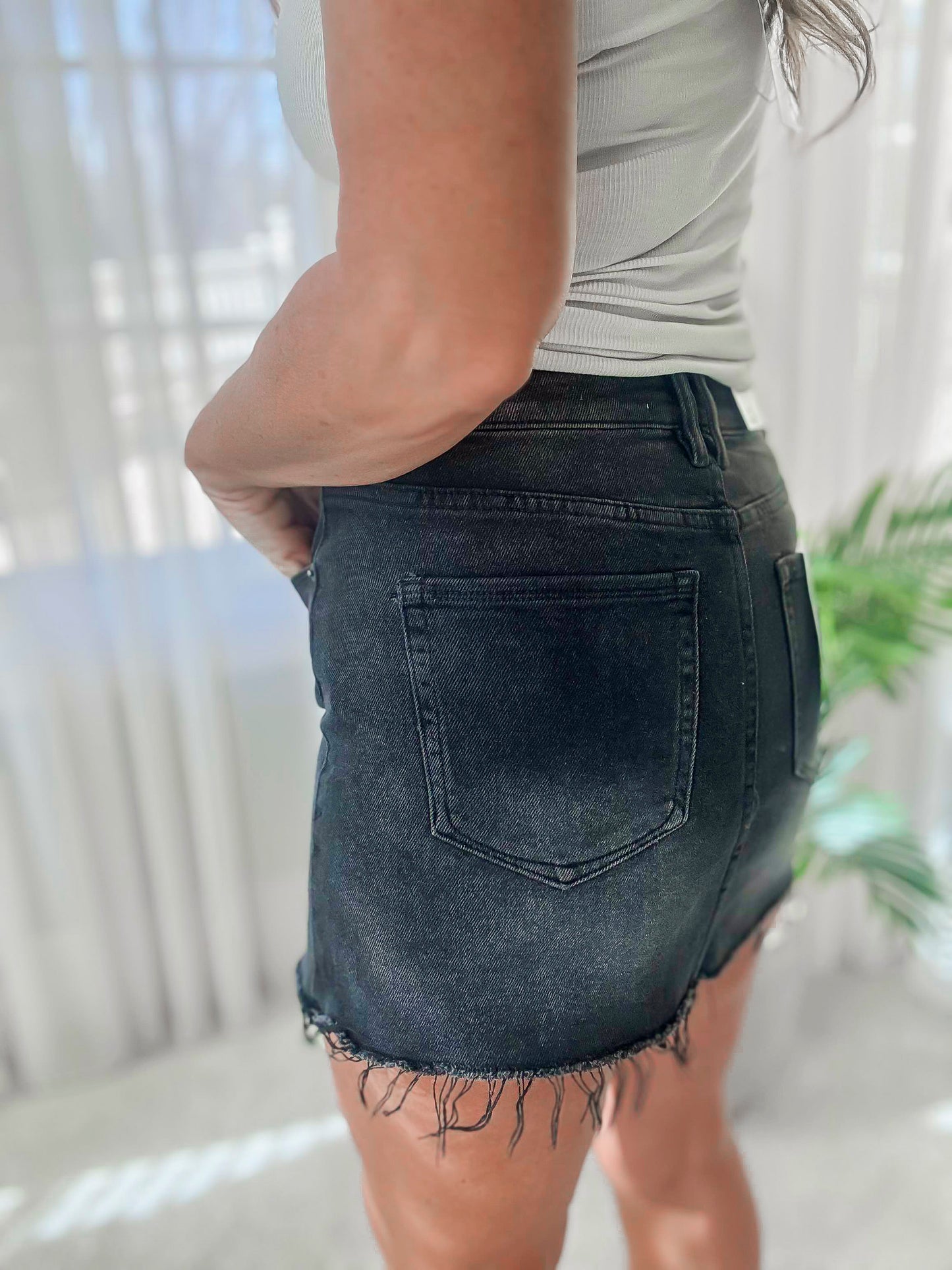 High Rise Raw Hem Denim Mini Skirt - Mica | FINAL SALE