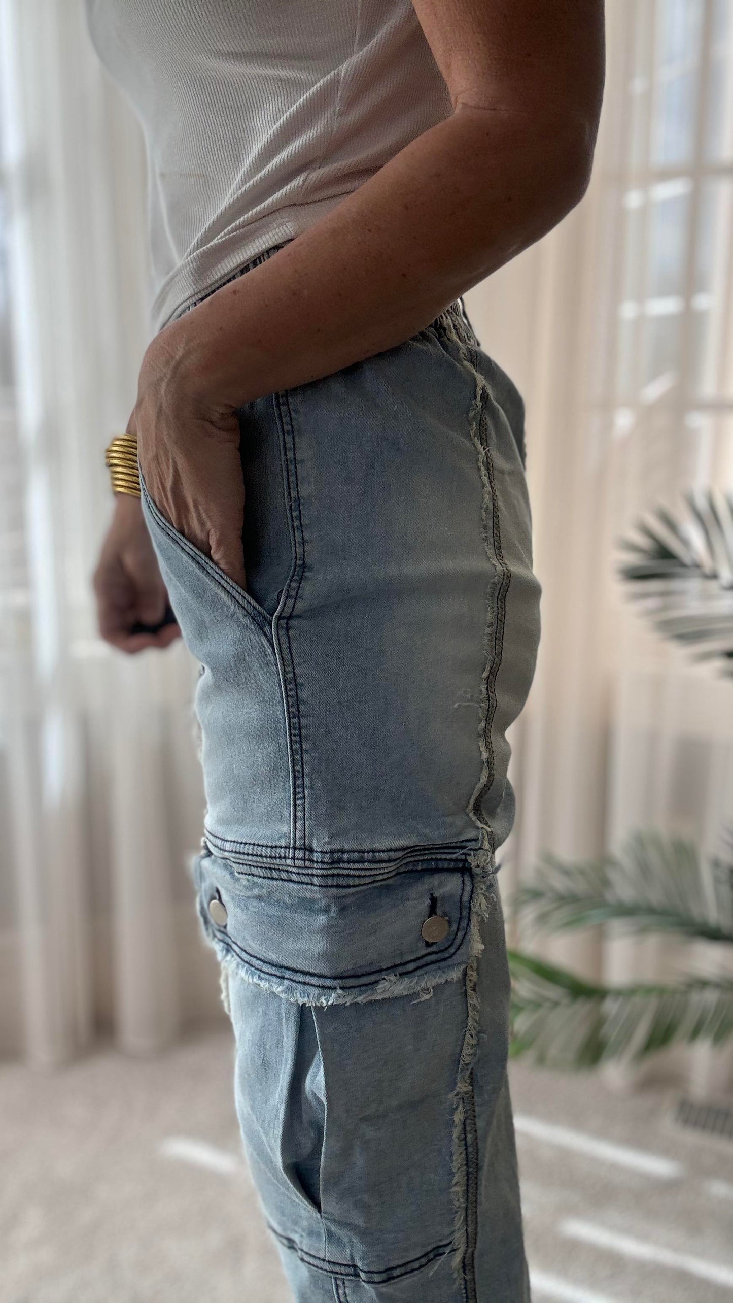 Mineral Washed Cargo Denim Pants | Oli & Hali - Final Sale