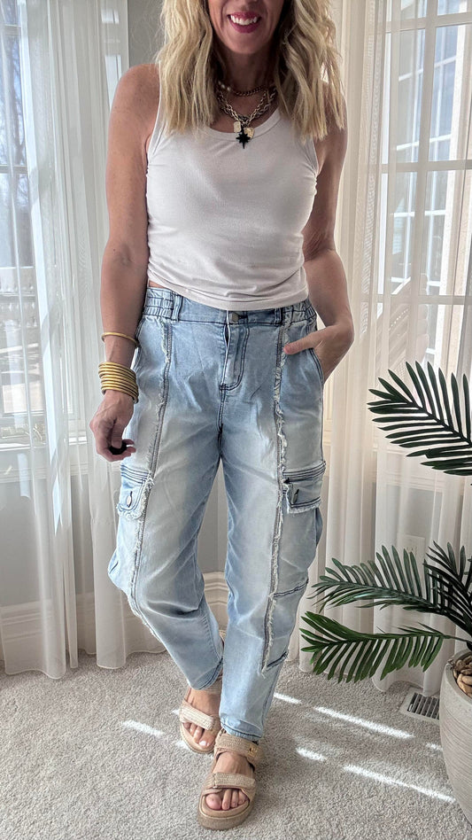 Mineral Washed Cargo Denim Pants | Oli & Hali - Final Sale