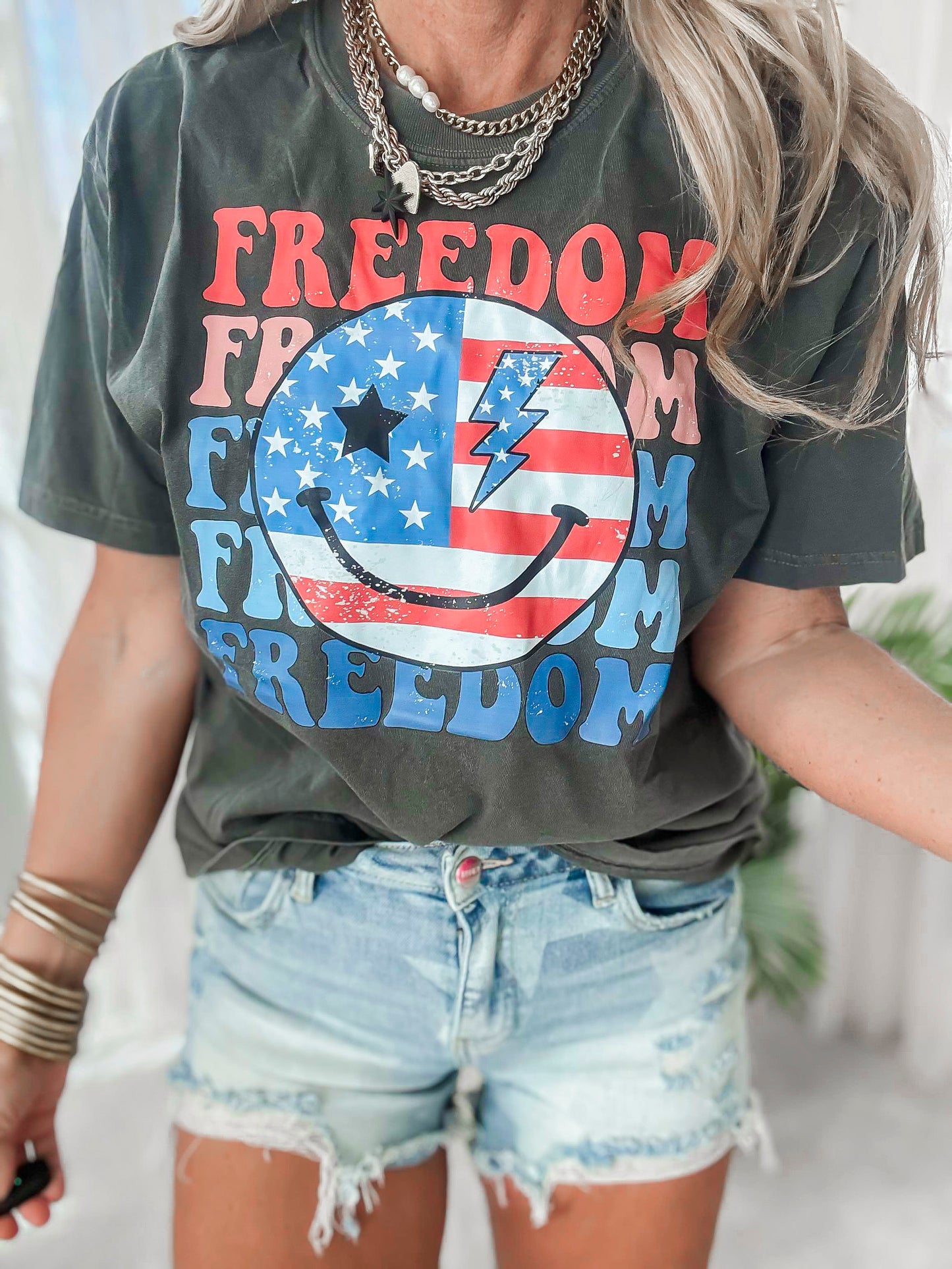 Freedom and Smiley Faces Garment Dyed Graphic T-shirt - Final Sale