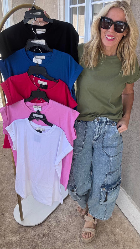 Round Neck Rolled Short Sleeve Top