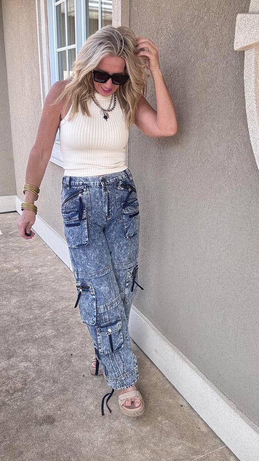Washed Cargo Denim Pants | OLI & HALI