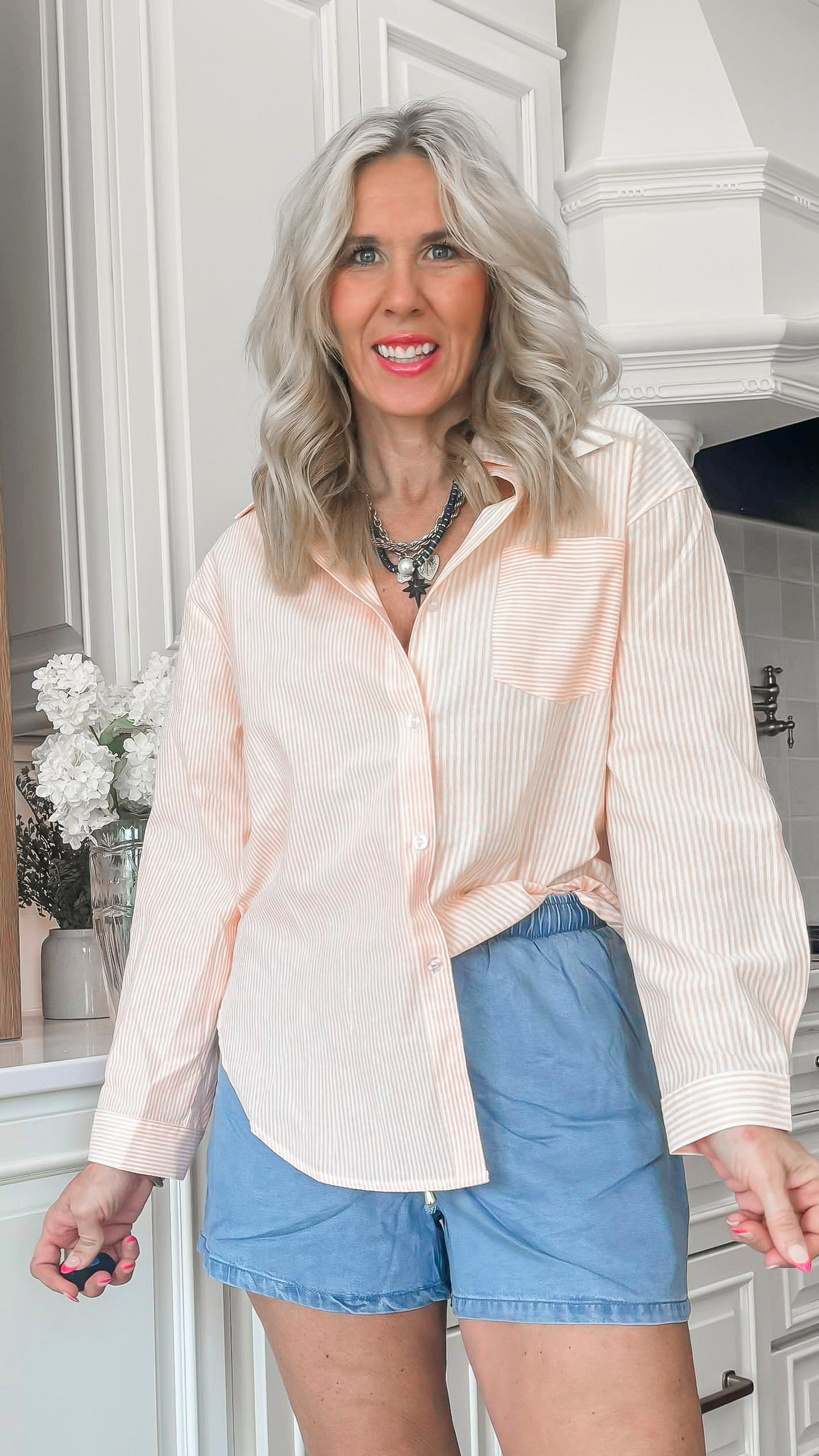 Tangerine Stripe Cotton Blend Button Up Blouse Top - Final Sale