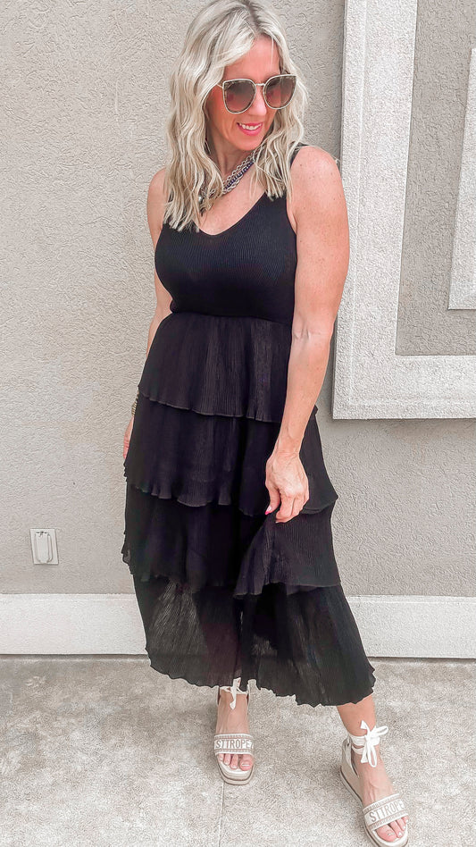 Black Pleated Tiered Midi Dress - Final Sale