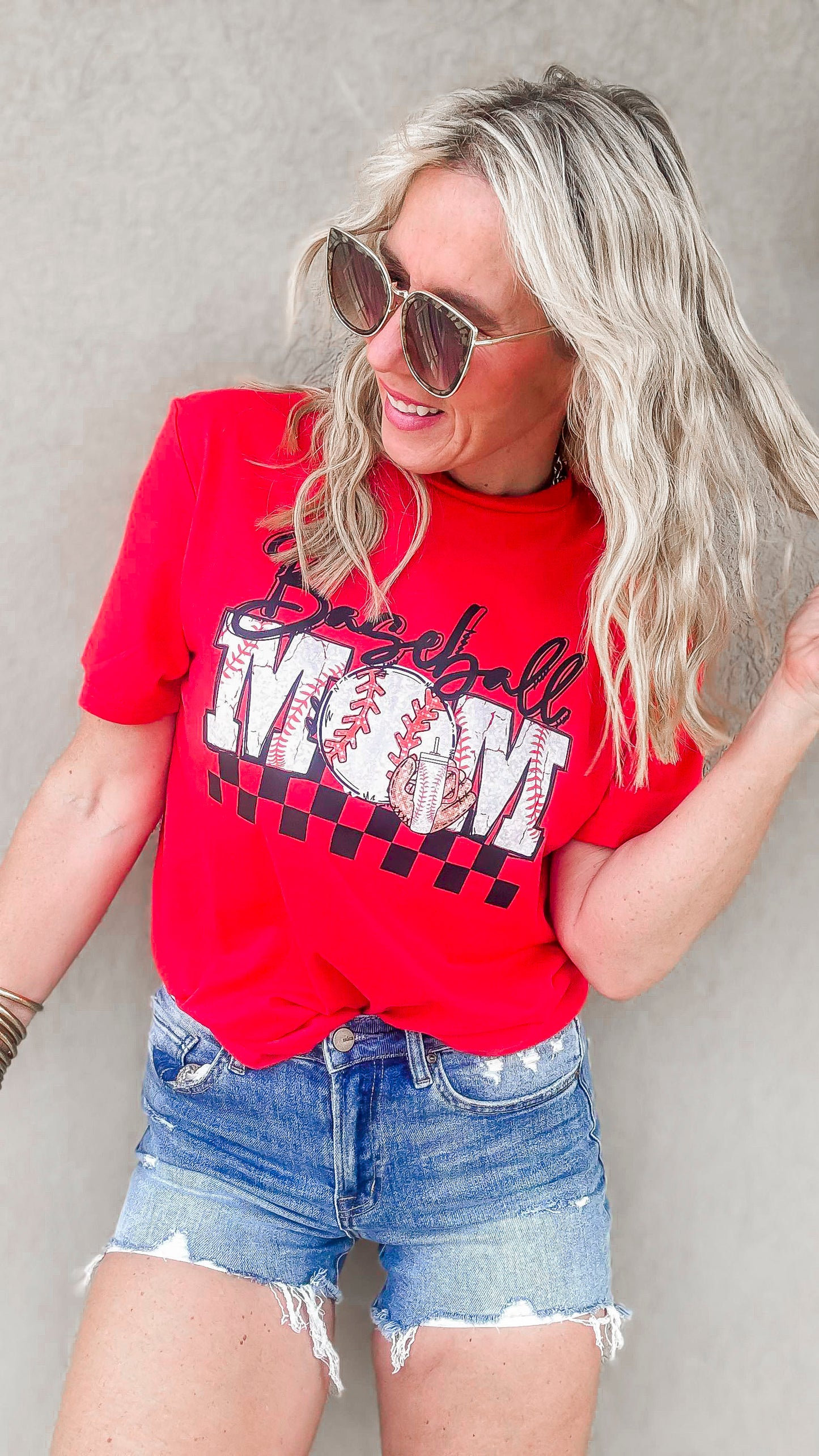 Baseball Mom Checked Graphic T-shirt**
