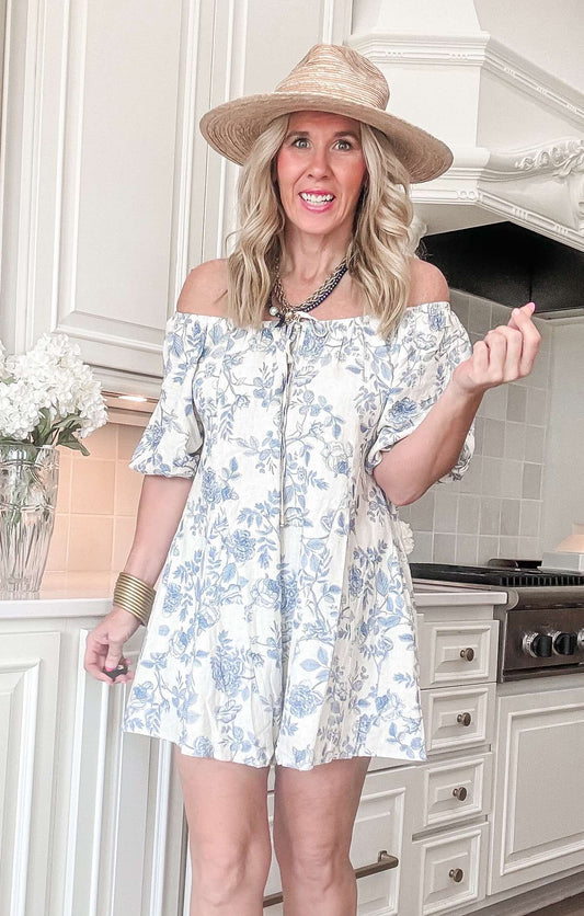 Blue Blossom Linen Romper Dress