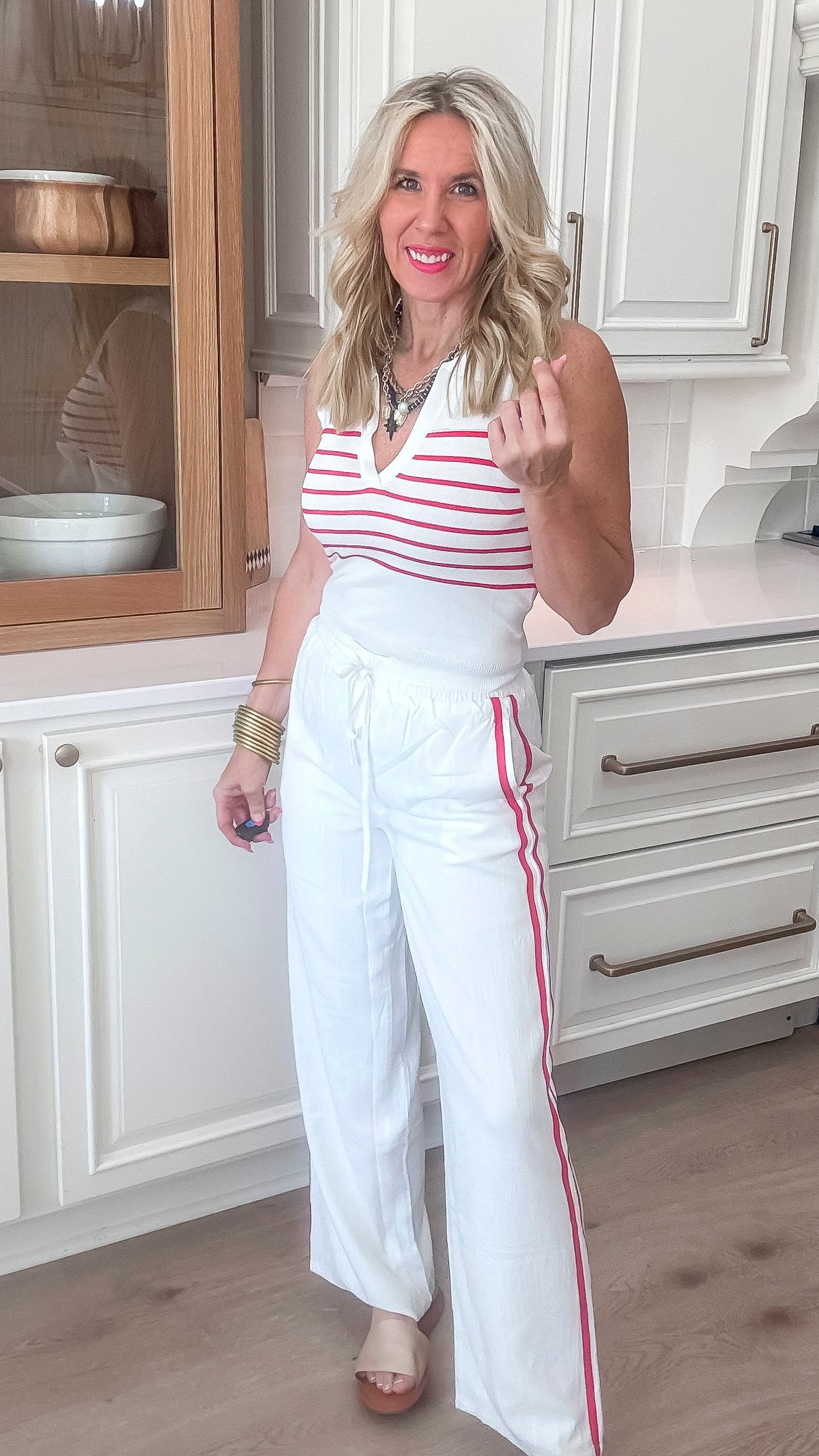 Red White Striped Knit Polo Sweater Tank Top